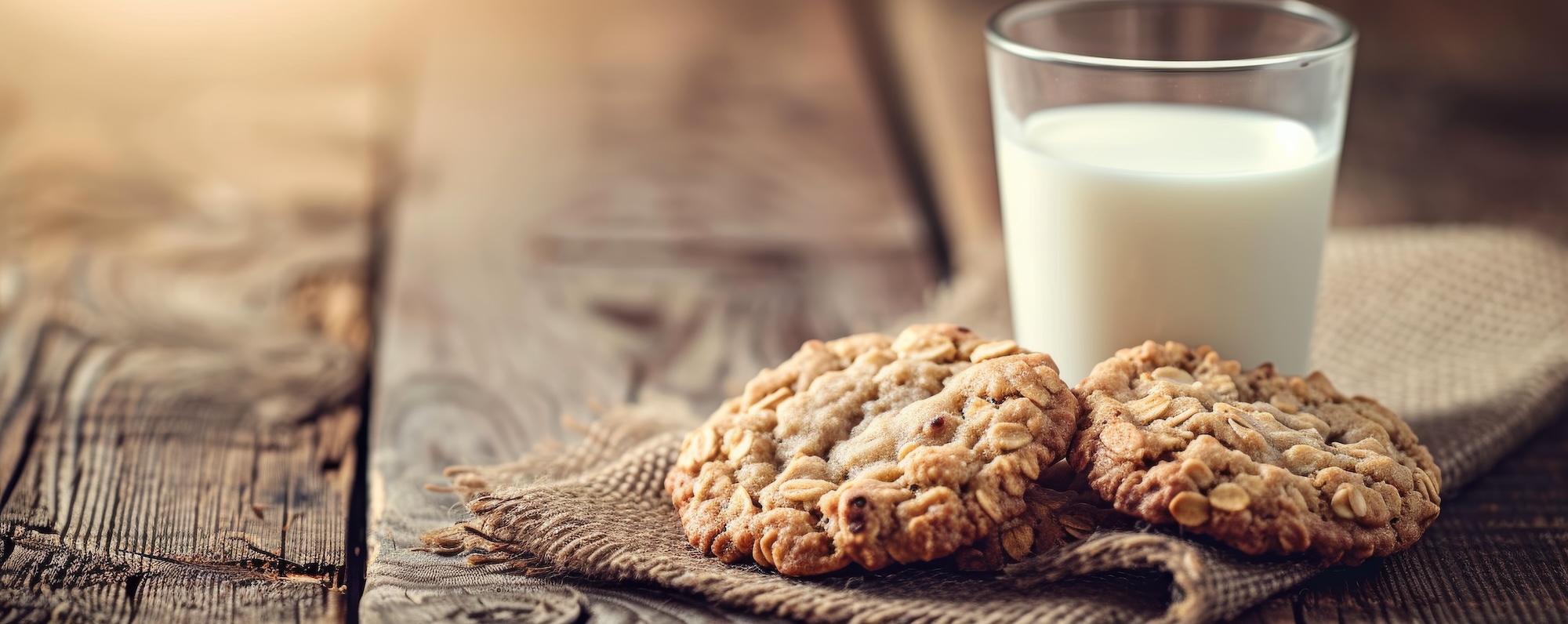 Milk and oatmeal cookies on rustic wooden table, warm light. Cozy breakfast and snack concept